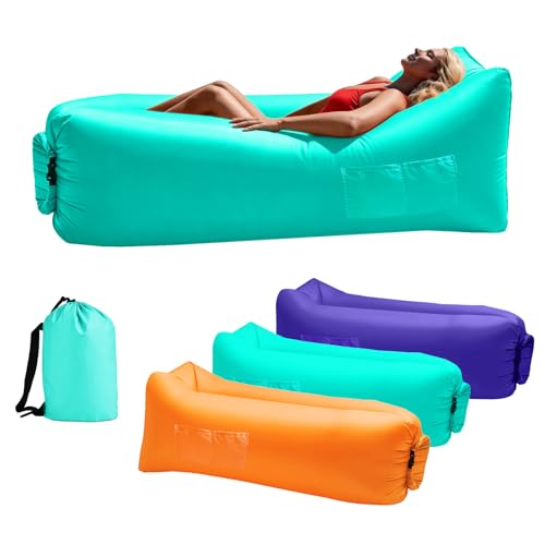 Inflatable Sun Air Lounger with Carry Bag Portable Blow Up Sofa Bed for Beach Camping Garden 2026 Upgraded Waterproof Inflatable Chair Couch Sunbed for Outdoor Travel Picnics Hiking Pool (Cyan)