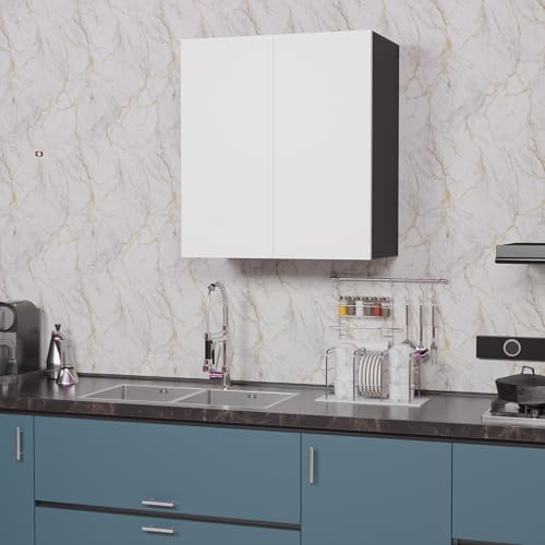 Image of 2 Door Multipurpose Wall Mounted Cabinet with Adjustable & Fixed Shelf | Storage for Modular Kitchen, Bathroom, Office & Living Room | DIY | Color-Grey & White | Size-60x33x63.8 Cm