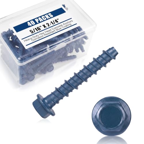 Therwen 40 Pack 5/16 x 2-1/4 Inch Concrete Screws Hex Washer Head, Blue
