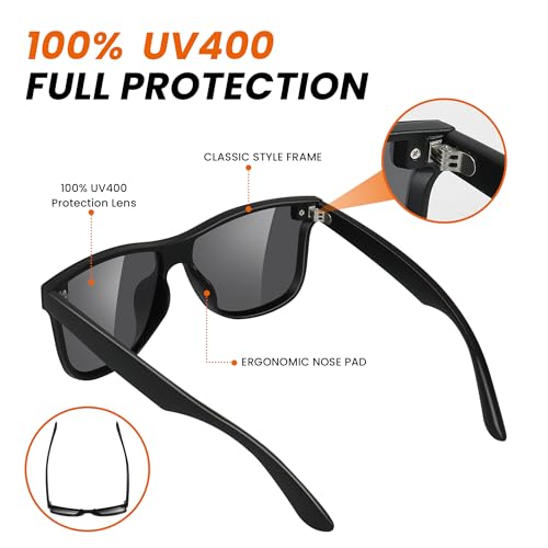 FANGOR Sunglasses Men Polarized Sunglasses for Men and Women, Black Retro Sun Glasses Driving Fishing UV4