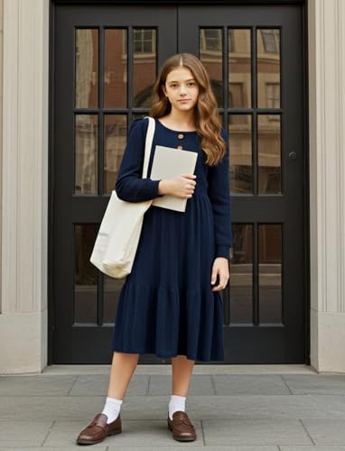 PATPAT Girl's Long Sleeve Sweater Dress Casual Button Front Knit Fall Winter Dresses 5-14 Years3