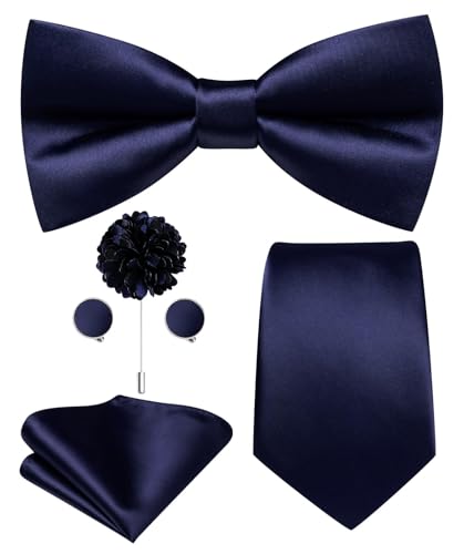 Image of Hi-Tie 5Pcs Mens Solid Color Silk Tie Satin Pretied Bowtie Lapel Pin for Men Handkerchief Cufflink Wedding Gift Box