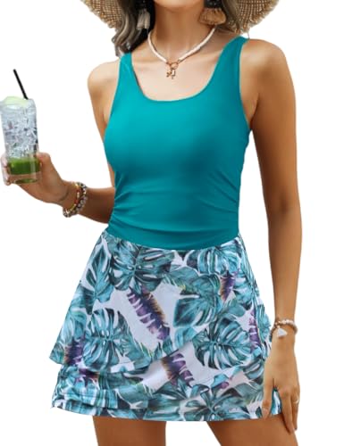 Image of VIMPUNEC Women One Piece Swim Dress Swimsuit Tummy Control Modest Swim Skirt Bathing Suit Floral Peacock S