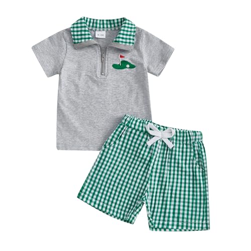 Gueuusu Toddler Baby Boy Golf Outfit Hole in One/Golf Cart Embroidery Quarter Zip Collared Shirt Plaid Shorts Set Clothes