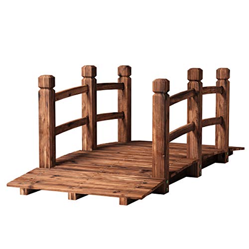 Bild 7 GOPLUS Holzbrücke aus Tannenholz, Gartenbrücke bis 100 kg, Teichbrücke Braun, Zierbrücke mit Geländer, 150x67x55cm (Braun)