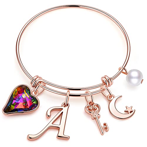 Memorjew Charm Bracelets For Women Girls, Rose Gold Letter A Initial Charm Bracelets Teenage Teen Girls Gifts For Jewelry Mothers Day Valentines, Heart Bangle Flower Girl Bridesmaid Gifts For Wedding #TOP23