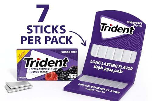 Image of Trident Mixed Berries Sugar Free Chewing Gum By Cougar | 12 Pack Box (7Sticks) | Long Lasting Berry Flavor | Resealable Packs for Travel, Work, School & Fresh Breath | Individually Wrapped Sticks with Raspberry & Blackberry Taste | 162g Box - (Imported-USA)