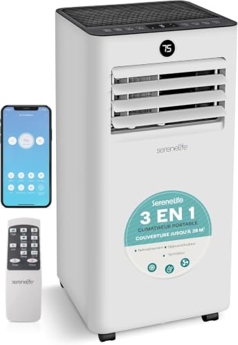 SereneLife Aire Acondicionado Móvil 7000 BTU 2,05 kW - Aire Acondicionado Portátil con Descarga, Ventilador y Deshumidificador, Aire Acondicionado Compacto con Mando a Distancia y Kit Ventana Blanco