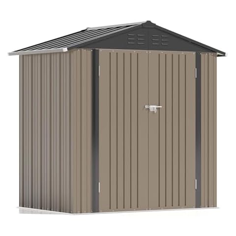 Patiolife 6x4 FT Metal Outdoor Storage Shed, Steel Tool Shed with Lockable Door & Sloping Roof, for Backyard Patio Lawn, Brown Cover
