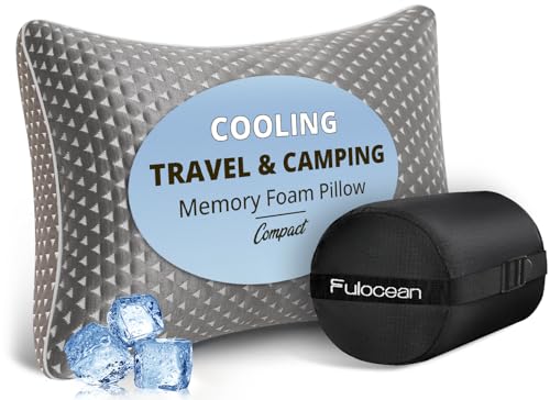fulocean Small Cooling Memory Foam Travel Pillows for Airplanes, Compressible Camping Pillow, Adjustable Gel Shredded Foam Bed Pillow for Medium Firm Neck Knee Support, Ideal Sleeping,Car,Backpacking