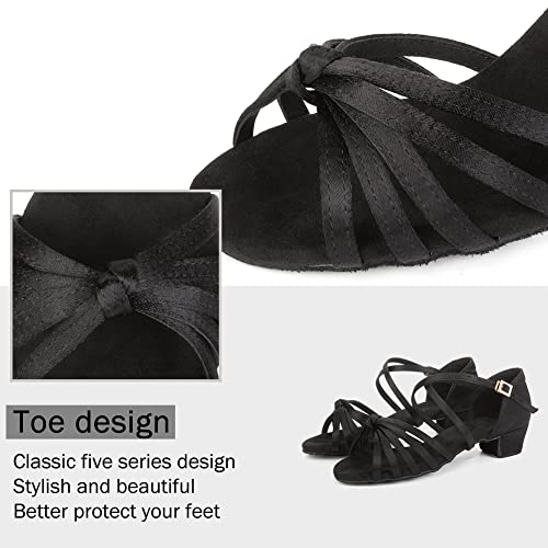 YKXLM Silk Fabric Black Latin Dance Shoes for Girls Latin Ballroom Dance Shoes Girls with Diamond Buckle,Model US-TL-LP1203-ZSZK, 5 M Little Kid3