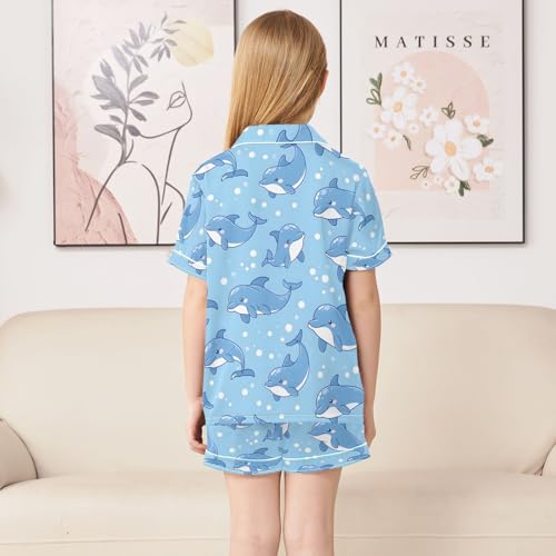 ALAZA Cute Dolphin Bubble Blue Pajamas Satin Pajama Set Short Sleeve Button Down Sleepwear4