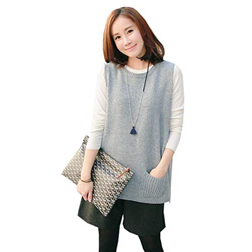 MTKCNTL レディース セーター ニット ベスト チョッキ ゆったり ロング ニット ベスト 綿ベスト シンプル ロング丈 コットンニット ノースリーブ オフィス トップス 無地 ベスト セーター クルーネック ニットチョッキ (L, グレー)