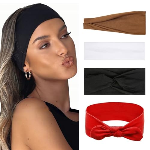Huachi Headbands for Women Non Slip, 4 Packs Elastic Head Bands for Women’s Hair, One Set Multi Styles - Fashion Hairband Hair Accessories, Soft Cloth Fabric Workout Gym Yoga Sweat Bands