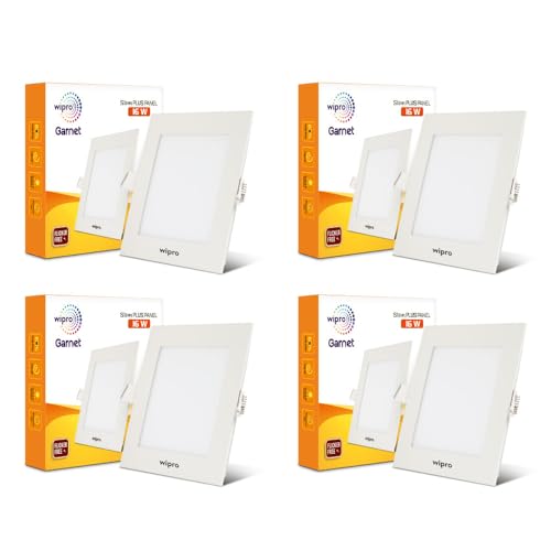 Image of wipro Garnet 16W Square LED Slim Plus Panel | Coolwhite Light(6500K)| Ultra-Slim Design | Aluminium Housing | Flicker Free Design | Recessed Down Light for False Ceiling |Cutout - 100mm |Pack of 4