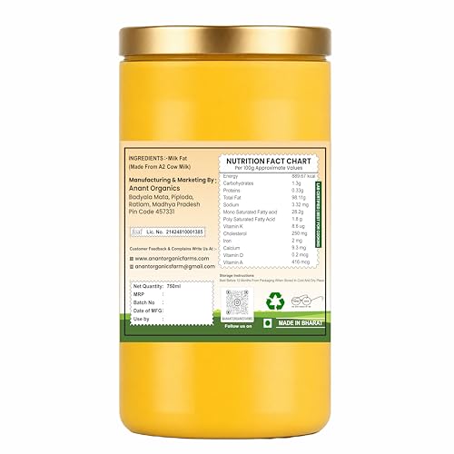 Image of Anant Organics Bilona Cow Hand Churned Vedic Method A2 Cow Milk Ghee Glass Bottle 750ml