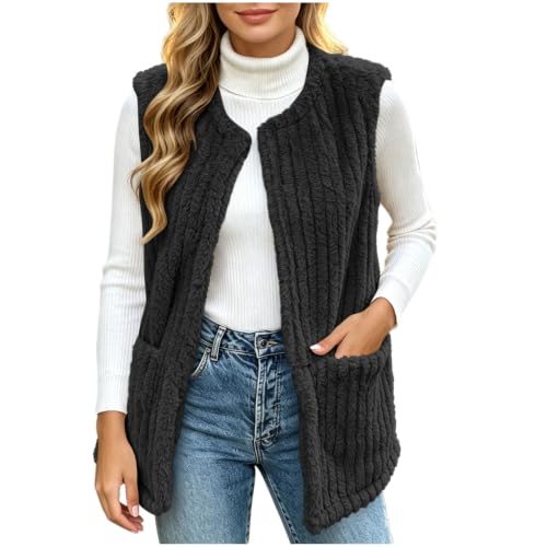 Womens Sherpa Fleece Vest Open Front Longline Pockets Casual Fall Layering - image 1