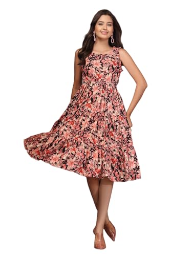 Image of Daevish New Rayon Floral Printed Flared Midi Dress for Women | Women Calf Length Dress