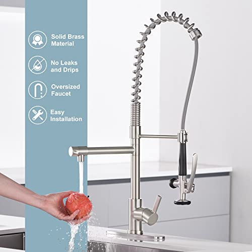 Commercial Kitchen Faucet With Pre-Rinse Sprayer, Wowow Solid Brass Commercial Restaurant Faucet 1 Or 3 Hole Spring Kitchen Faucet With Deck Plate, Brushed Nickel #TOP2