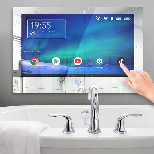 Leotachi 21.5 Inch Wi-Fi 6 Upgraded Smart Bathroom Mirror TV Waterproof 1080P Full HD Touchscreen Android 11 Bluetooth & HDMI Wall-Mounted for Bathroom Use