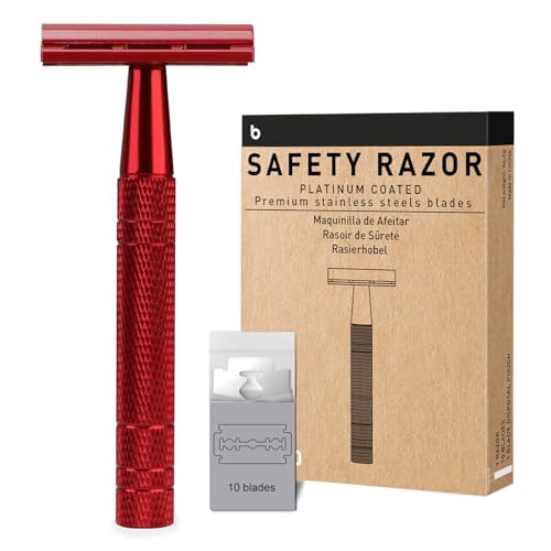 Safety Razor for Women and Men, Single Blade Razors, Reusable Metal Womens Razors for Shaving, with 10 Stainless Steel Double Edge Blades, Smooth and Close Shave, Plastic Free, Red