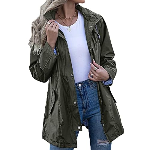 Kikibell Rain Jacket Women Striped Lined Hooded Lightweight Raincoat Outdoor Waterproof Windbreaker
