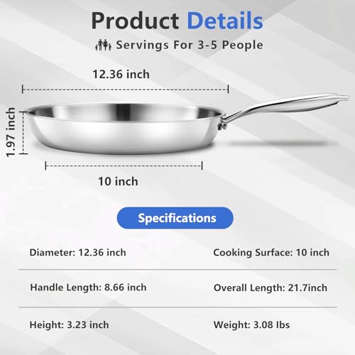 Image of SAKAMOSH 12 Inch Tri-Ply Stainless Steel Frying Pan, Induction Compatible Skillet, Large Frying Pan, Oven and Dishwasher Safe, Fast & Even Heat, PFOA & PTFE Free