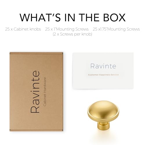 Image of Ravinte 25 Pack 1-1 /4 Inch Diameter Kitchen Cabinet Knobs Brushed Gold Dresser Knobs Round Solid Cabinet Drawer Pulls for Kitchen Cupboard Hardware