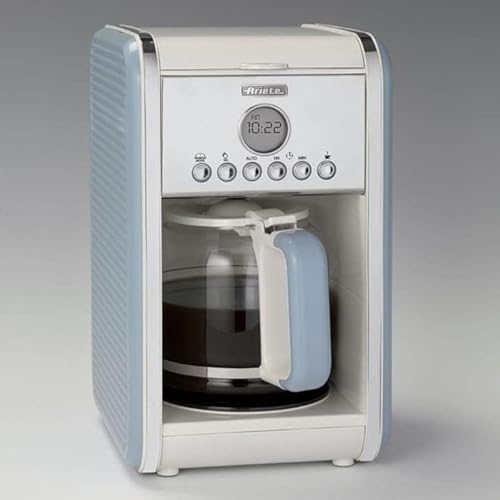 Ariete Vintage Machine à Café Americano 1342, Cafetière Filtre, Carafe en Verre Trempé, Jusqu'à 12 Tasses, Minuteur 24 Heures, Arrêt Automatique, Anti-Gouttes, Capacité 1.5 L, 2000W, Bleu Clair