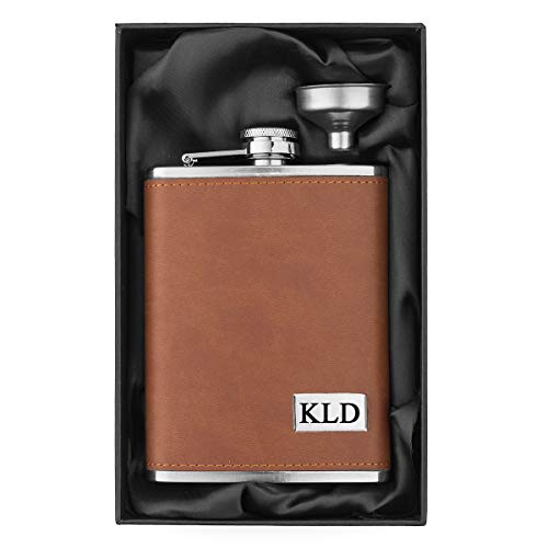 Engraved 8oz Brown Leather Wrapped Stainless Steel Hip Flask & Funnel Gift Set Custom Personalized