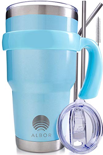 ALBOR Triple Insulated Stainless Steel Tumbler 30 Oz Shimmer Blue Coffee Travel Mug With Handle