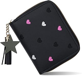 Greoer Small Purses for Women, PU Leather Ladies Wallet Purses with Star Pendants, Multifunctional Zipper Pocket Purses with Embroidery Heart Patterns, Lady Credit Card Holders for Women and Girls