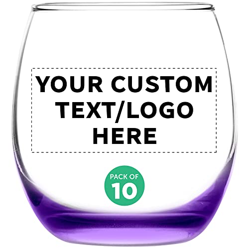 Custom Mikonos Stemless Wine Glasses 11.5 oz. Set of 10, Personalized Bulk Pack - Restaurant Glassware, Perfect for Red Wine, White Wine, Cocktails - Purple