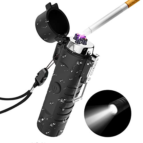 Waterproof Lighter, USB Plasma Lighter Rechargeable Electric Lighter Waterproof with Flashlight Portable Lighter Windproof Arc Lighter for Outdoor Camping Hiking (Black)