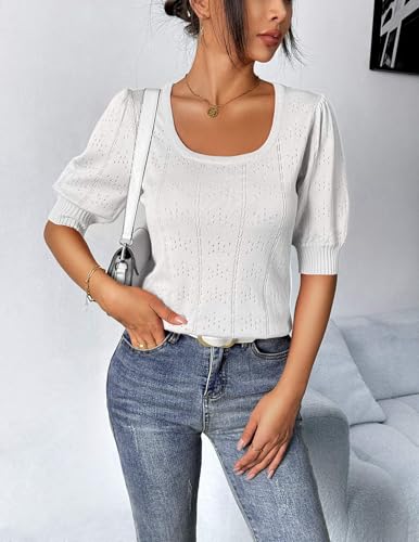 HOTOUCH Sweater for Women 2024 Fall Trendy Puff Tops Casual Eyelet Knit Square Neck Tunic Shirt Blouses S-XXL3