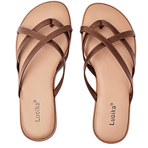 Image of Luoika Women's Wide Width Flat Sandals, Flip Flop Slides Sandal Casual Strapy Sandal Slip on Summer Beach Shoes for Women.