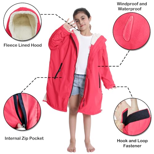 Image of Hiturbo Warm Kids Swim Parka: Waterproof Changing Robe - Oversize Swimming Coat - Hooded Surf Poncho - Thick Lining (7-14Y)