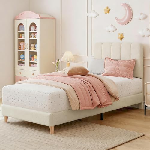 Crevyteg Modern Bouclé Upholstered Single Bed Frame 3ft 90x190cm Adjustable Wave Headboard Sturdy Wooden Slats Underbed Storage Easy Assembly Ideal for Kids or Girls Bedroom Beige
