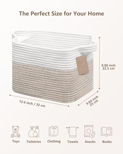 JOJOSEE Aufbewahrungskorb, Kleiner Korb Aufbewahrung, Aufbewahrungskorb Geflochten Baumwollseil, Organizer Korb für Spielzeug Kinderzimmer, Decken, Kissen, 33 x 25 x 22,5 cm, Weiß & Braun