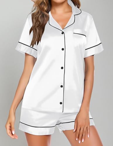 Image of Ekouaer Pajamas for Women Set Silk Satin Pjs Button Down Sleepwear Summer Loungewear Top and Shorts Lounge Set S-XXL