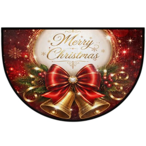 Image of Half Round Doormat Washable Kitchen Semi Circle Rug xmas Golden Bell Holly