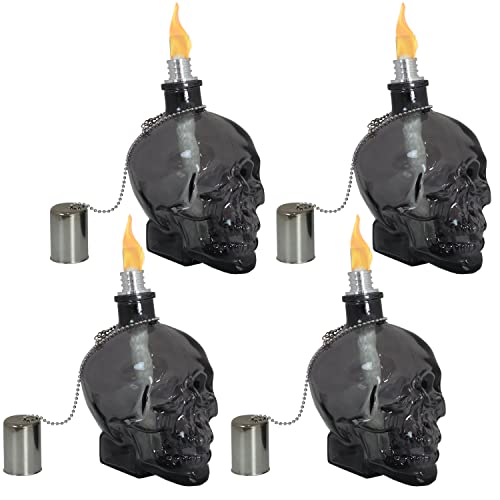 Sunnydaze Grinning Skull Glass Tabletop Torches - Outdoor Patio Lighting - Includes Wicks and Attached Snuffers - Set of 4 Refillable Torches - Black