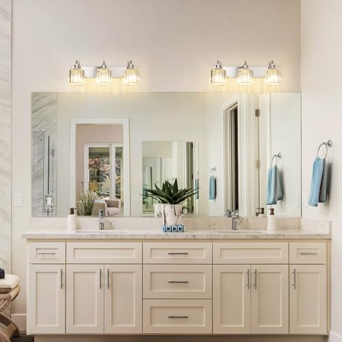 Image of GAOMON LED Modern Crystal Bathroom Vanity Lights Over Mirror, Chrome Bathroom Light Fixtures Wall Light (3-Light)