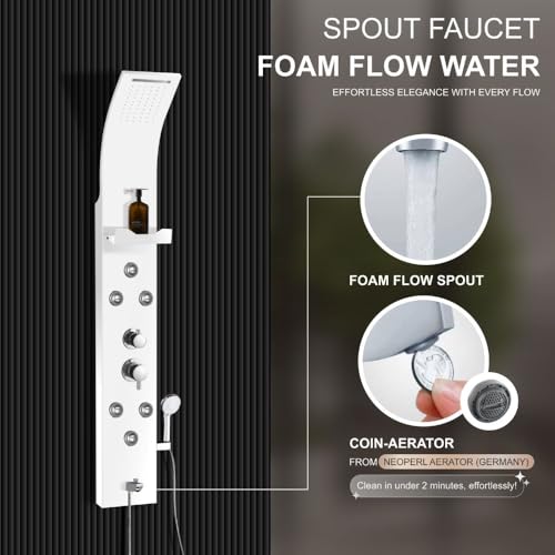 Image of Jaaz Hydra Aluminum Shower Panel for Bathroom Full Set with Rain & Waterfall Overhead Shower, 6-Body Jets, 5-Function Mixer & Diverter, Shampoo Rack, Hand Shower & Tub Spout (1, White)