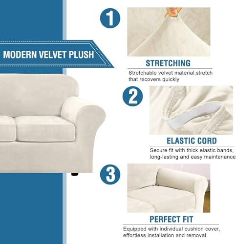 H.Versailtex PART-HVSOFA2P-3IVORY-N-YH Modern Velvet Plush 4 Piece High Stretch Sofa Slipcover Furniture Protector Form Fit Luxury Thick Sofa Cover thumb #2