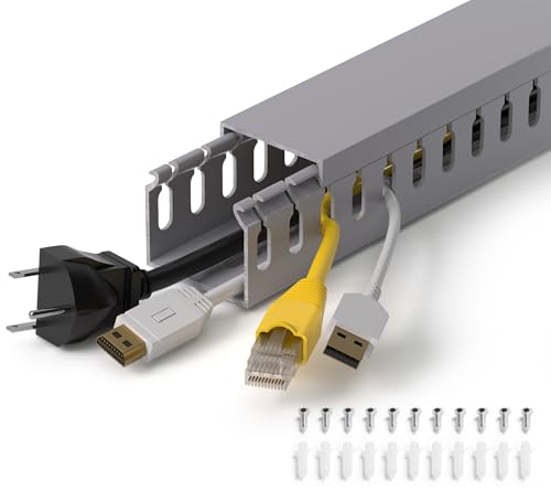 Image of 1.4 inchH x 1.6 inchW Cable Raceway, 12ft Under Desk Wire Management Channel, Grey | Slotted Wire Duct, 4 Pack (3 ft Each), Heavy-Duty PVC Cable Management for Server Racks, Network Cables & Electrical Cabinets