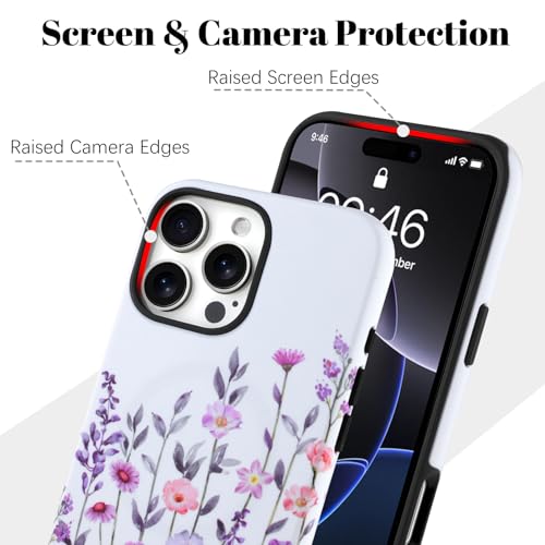 Image of Magnetic for iPhone 16 Pro Max Case for Women Girl, Floral White | Stylish Flower Pattern Design [Compatible with MagSafe] 2-Layer Hybrid Shockproof Glossy Protective Cover