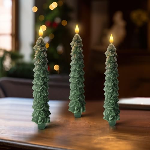 Image of Homemory 3 Pcs Christmas Tree Candles with Remote, Waxy Flameless Taper Candles Flickering, Green LED Candlesticks Battery Operated for New Year Celebration Holiday Decorations 9.7 Inches