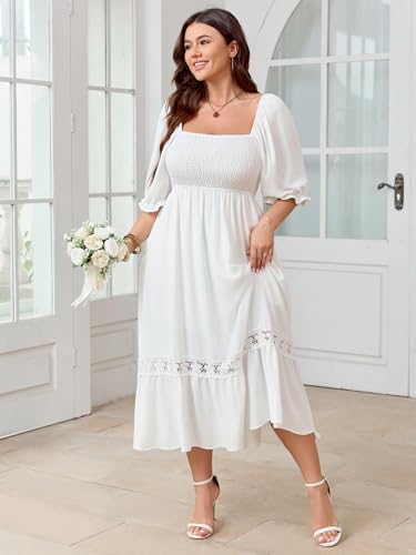 SCOMCHIC Women's Plus Size Maxi Dress Short Sleeve Square Neck Smocked Flowy A-Line Lace Trim Boho Wedding Guest Dresses2