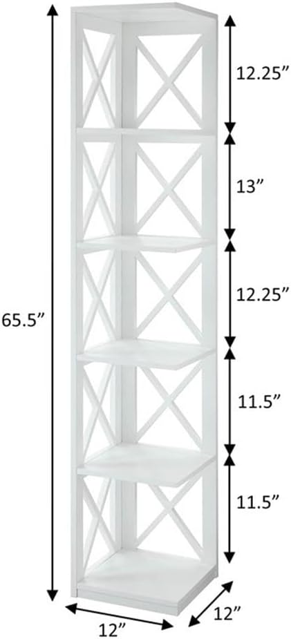 Convenience Concepts Oxford Corner Bookcase 12" - 5-Tier Slim Farmhouse Bookcase for Modern Living & Family Room, Media Storage Organizer for Home Office Library, Tall Shelving Unit, White